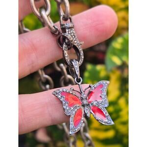 Sterling Silver Link Necklace w/Pave Diamond Clasp Red Enamel Butterfly Pendant